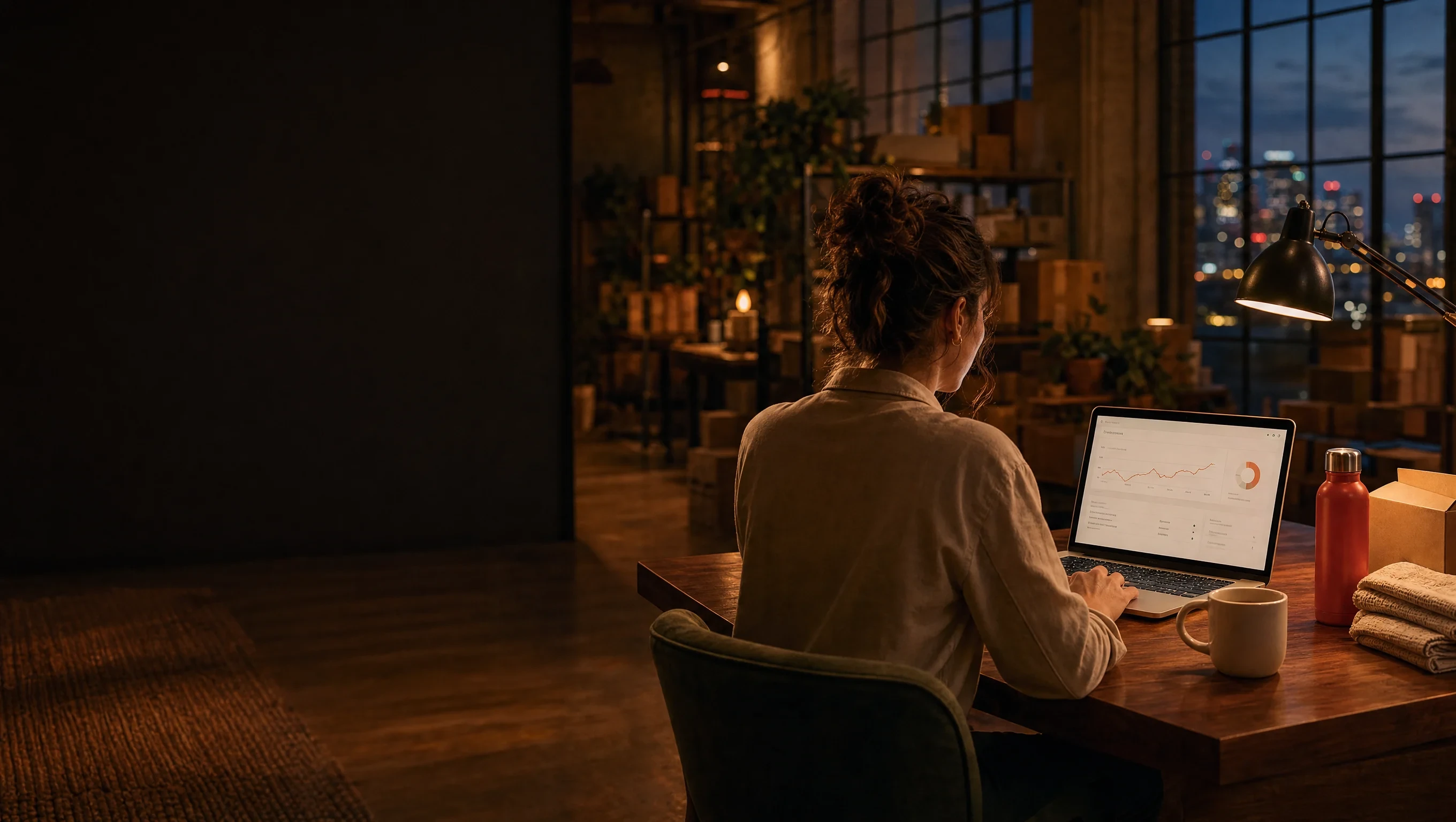 An operator working on a laptop at dusk in a brand studio, with the city lit up through the windows