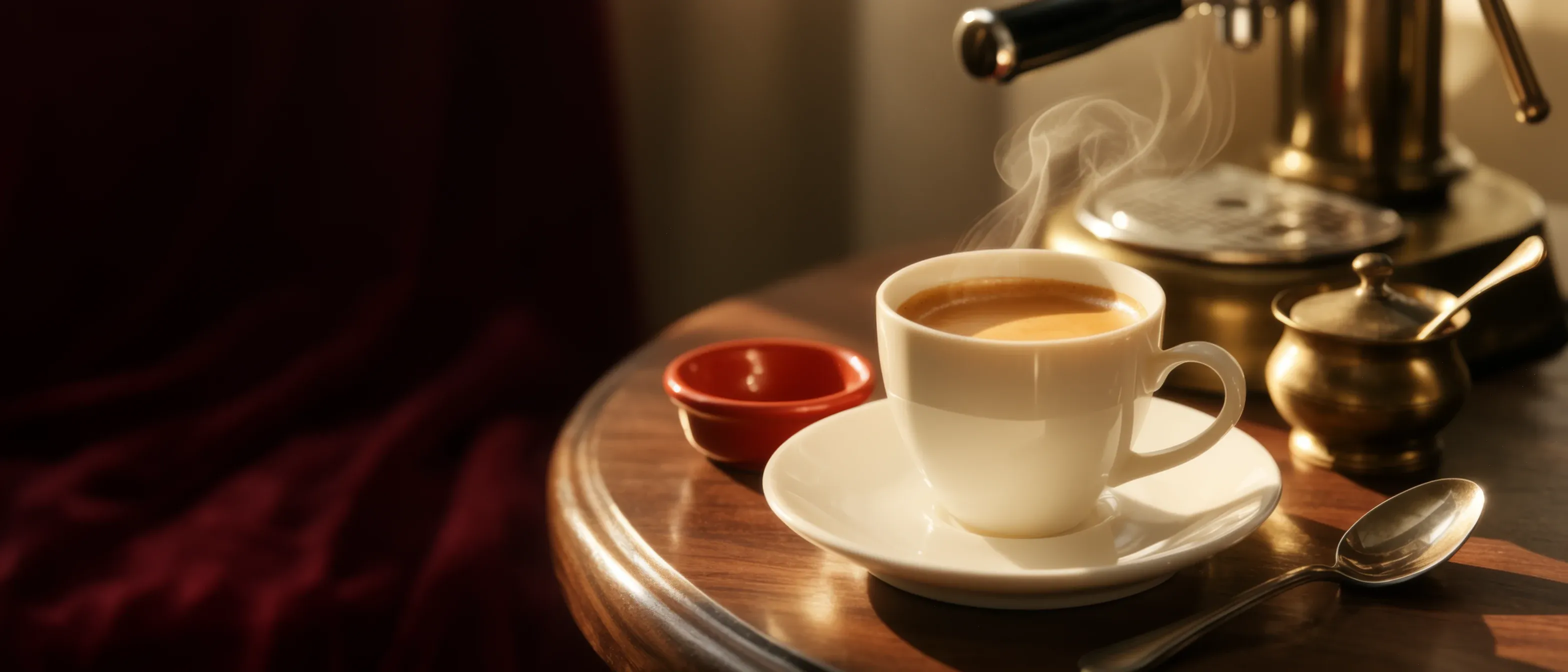 A porcelain cup of espresso steaming in early morning light beside a brass sugar bowl and espresso machine