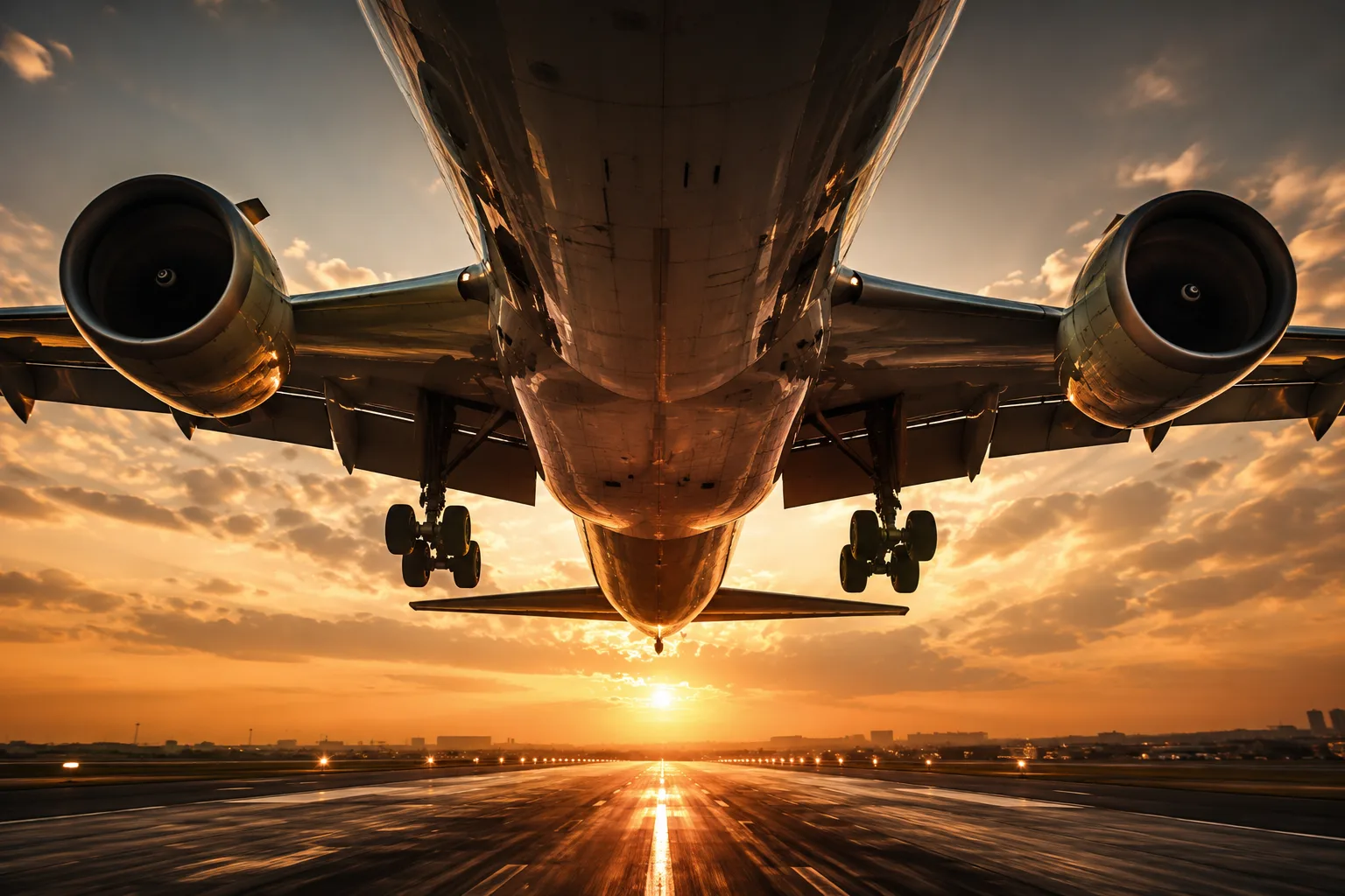 Aircraft taking off at sunset