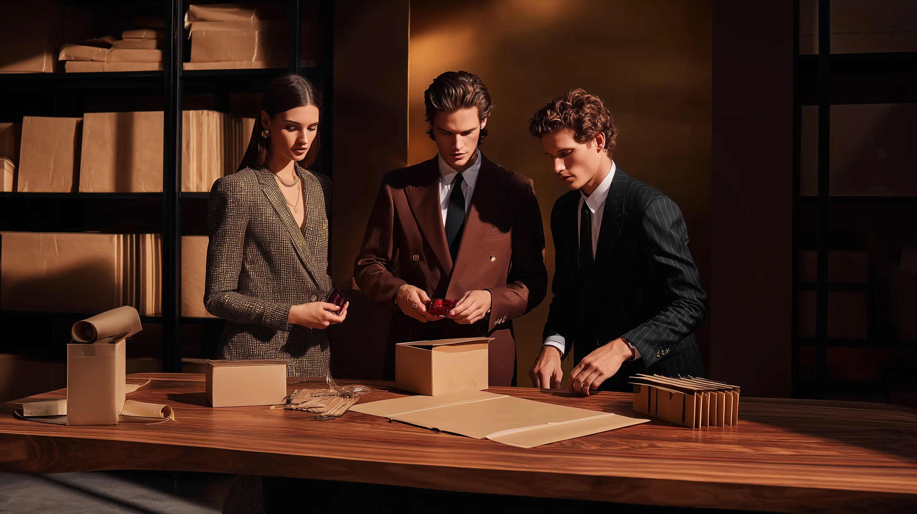 Professionals evaluating production and packaging operations in a warehouse facility