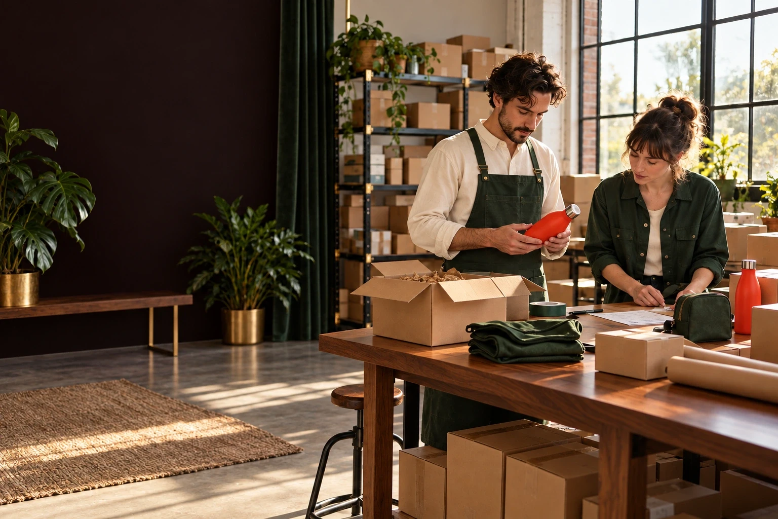 Two colleagues checking products and packing orders in a sunlit warehouse
