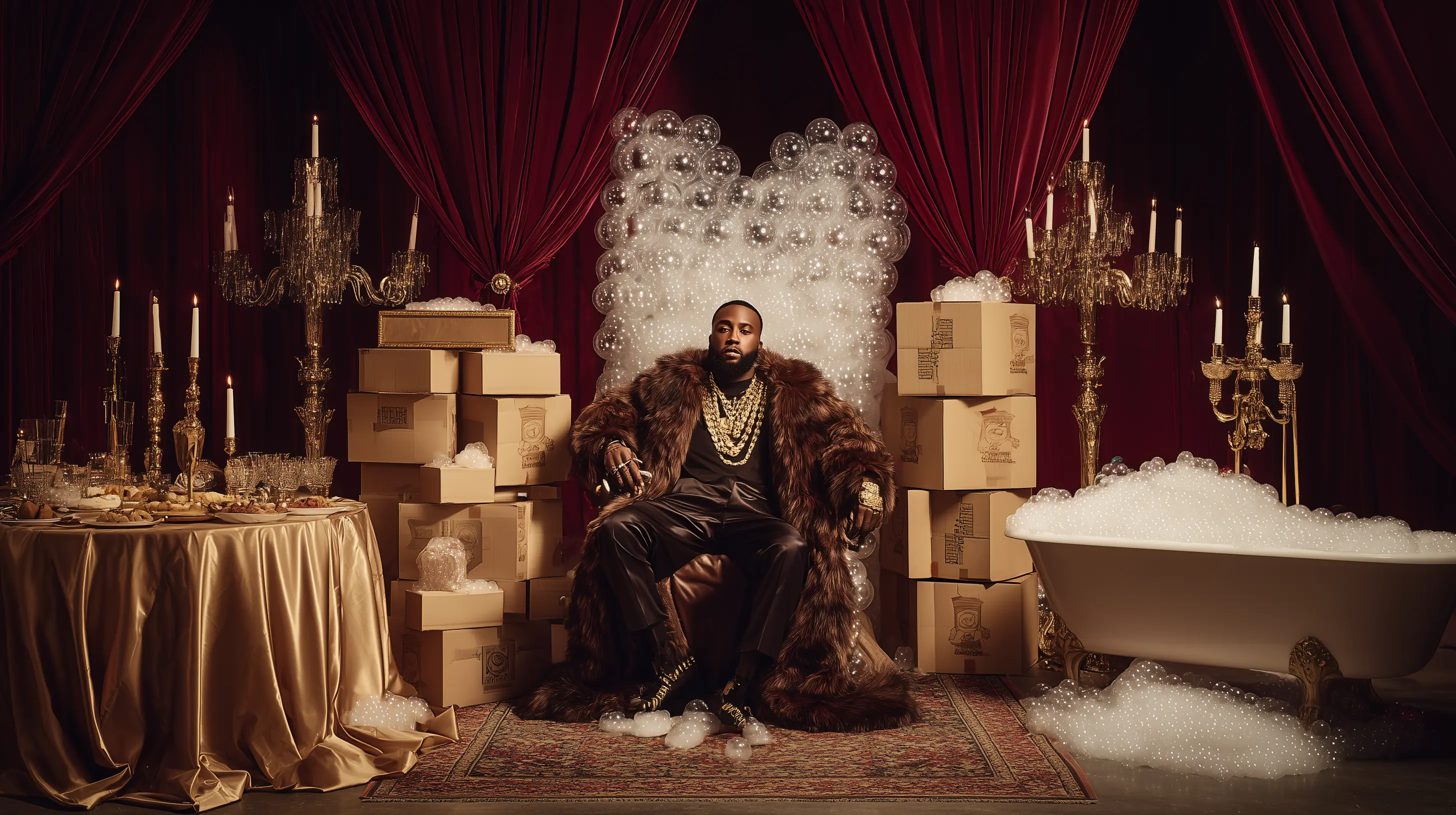 A seated figure surrounded by shipping boxes