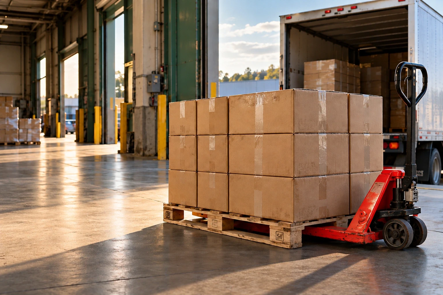 An organized shipment ready at a sunlit warehouse loading dock