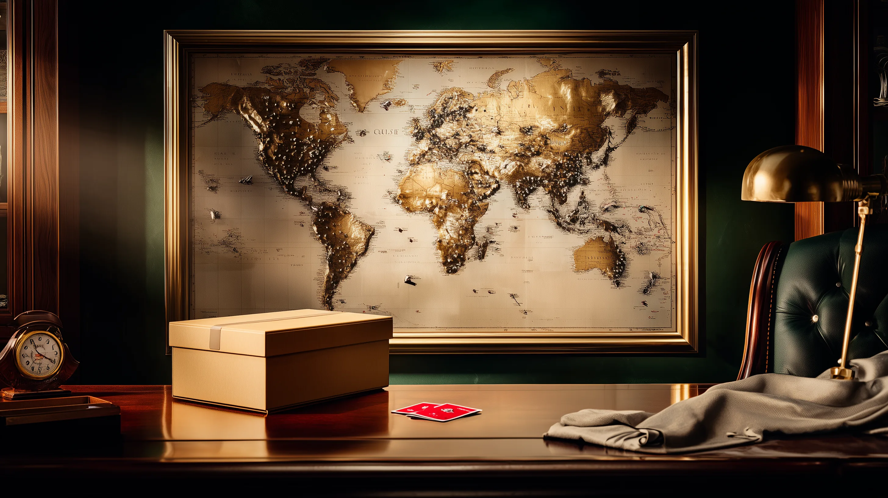 A world map and shipping box on a desk