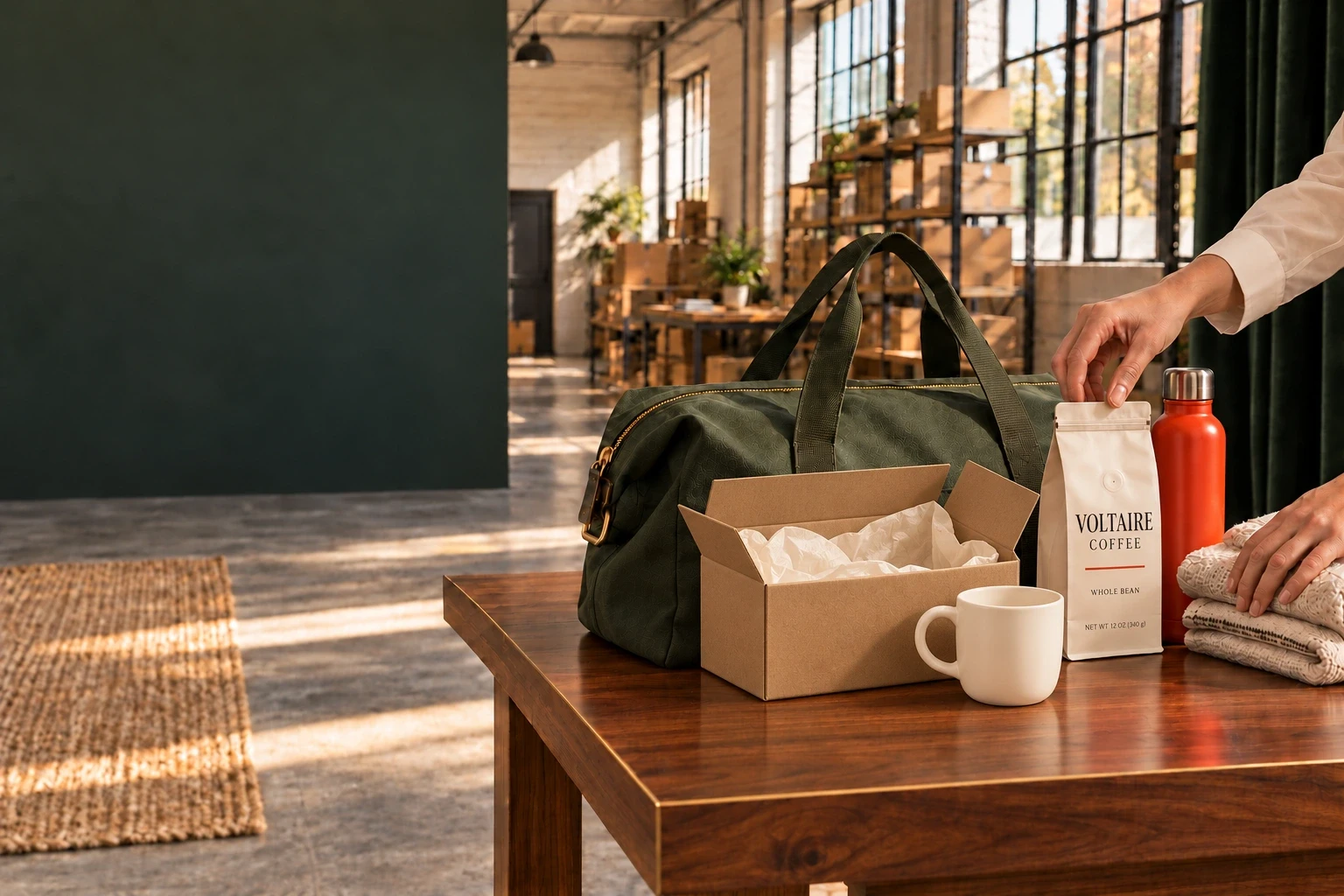 Voltaire Coffee, an empty ivory mug, ember drinkware, a green bag, and textiles ready to pack in a sunlit warehouse
