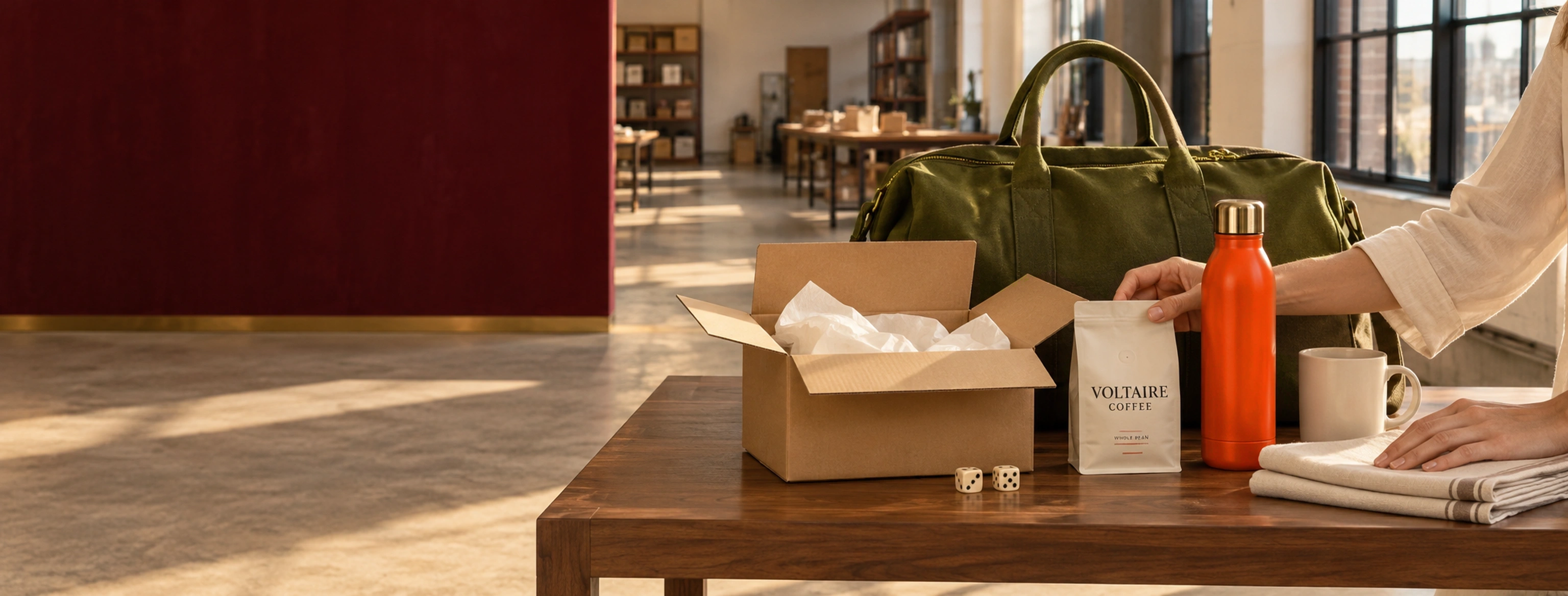 Voltaire Coffee, an ivory mug, an orange bottle, an olive bag, a plain cardboard box, and two dice in a sunlit studio