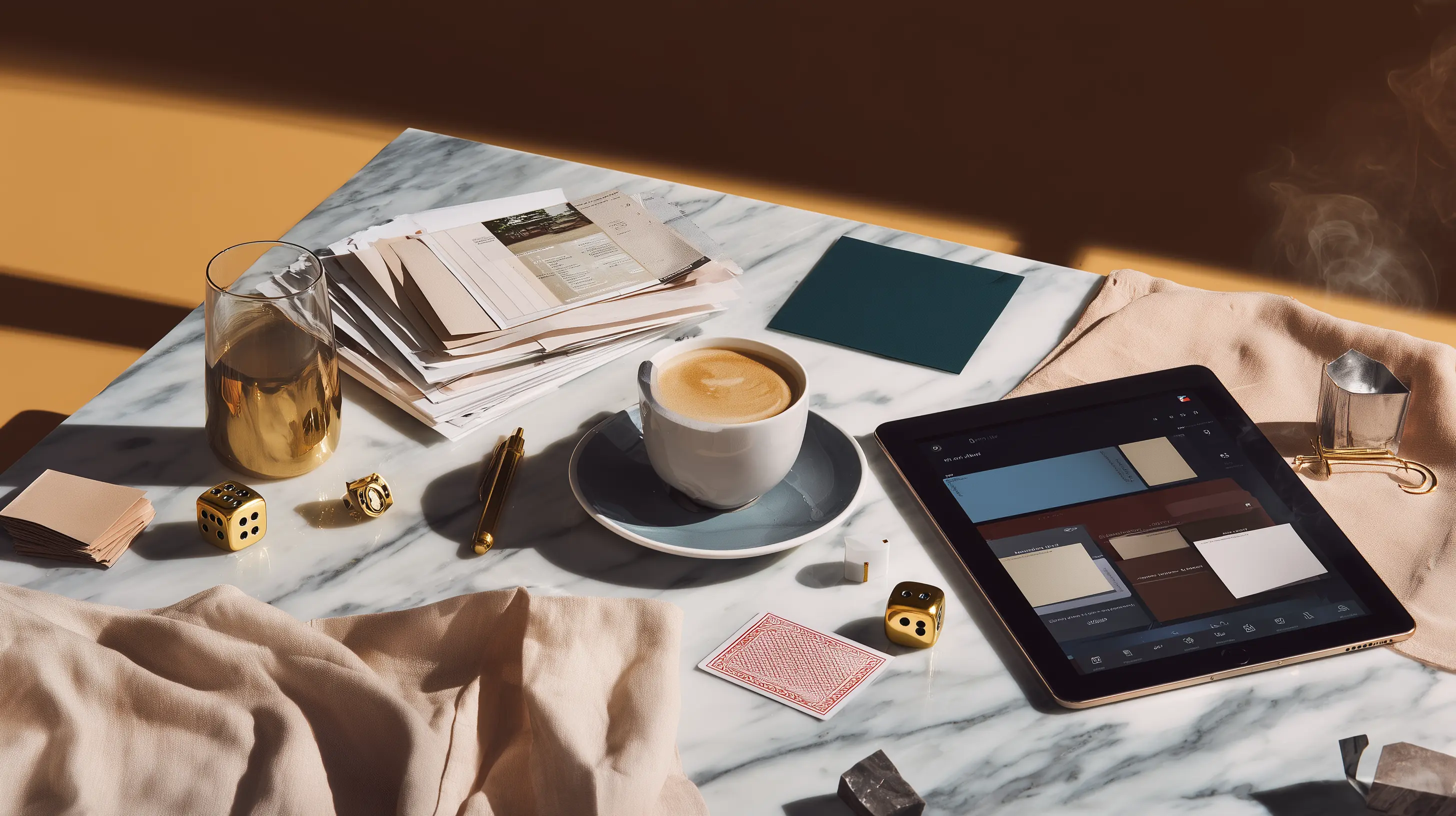 A side-lit table scene with gold dice and playing cards representing the strategic gamble of product line decisions