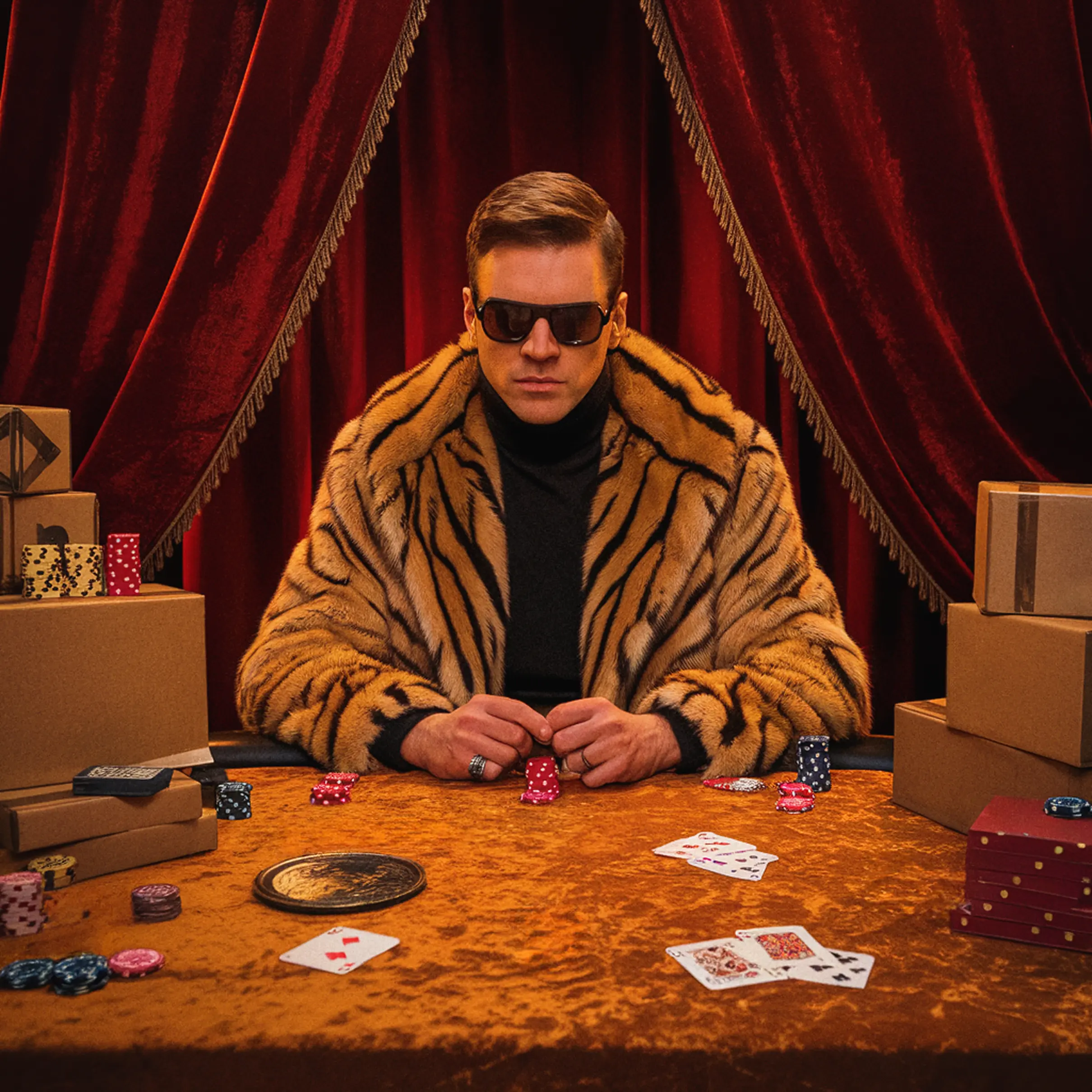 A bold figure surrounded by shipping boxes in a high-stakes setting