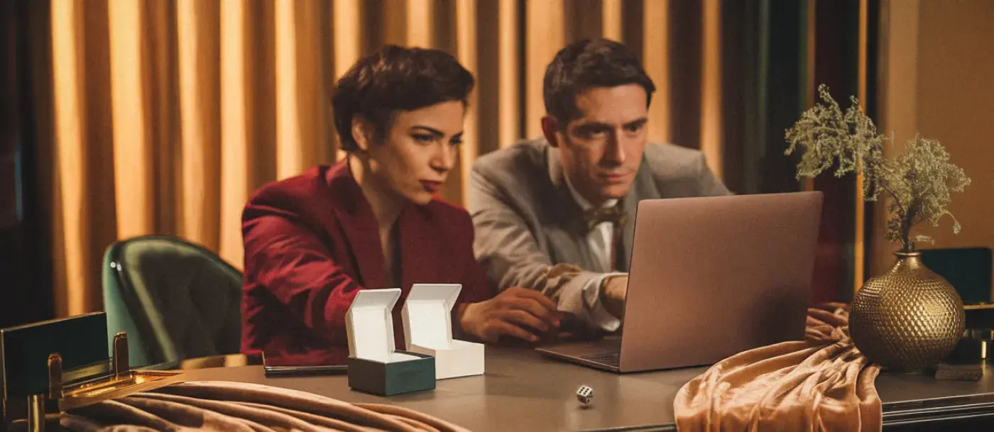 Two people reviewing figures on laptops across a shared desk