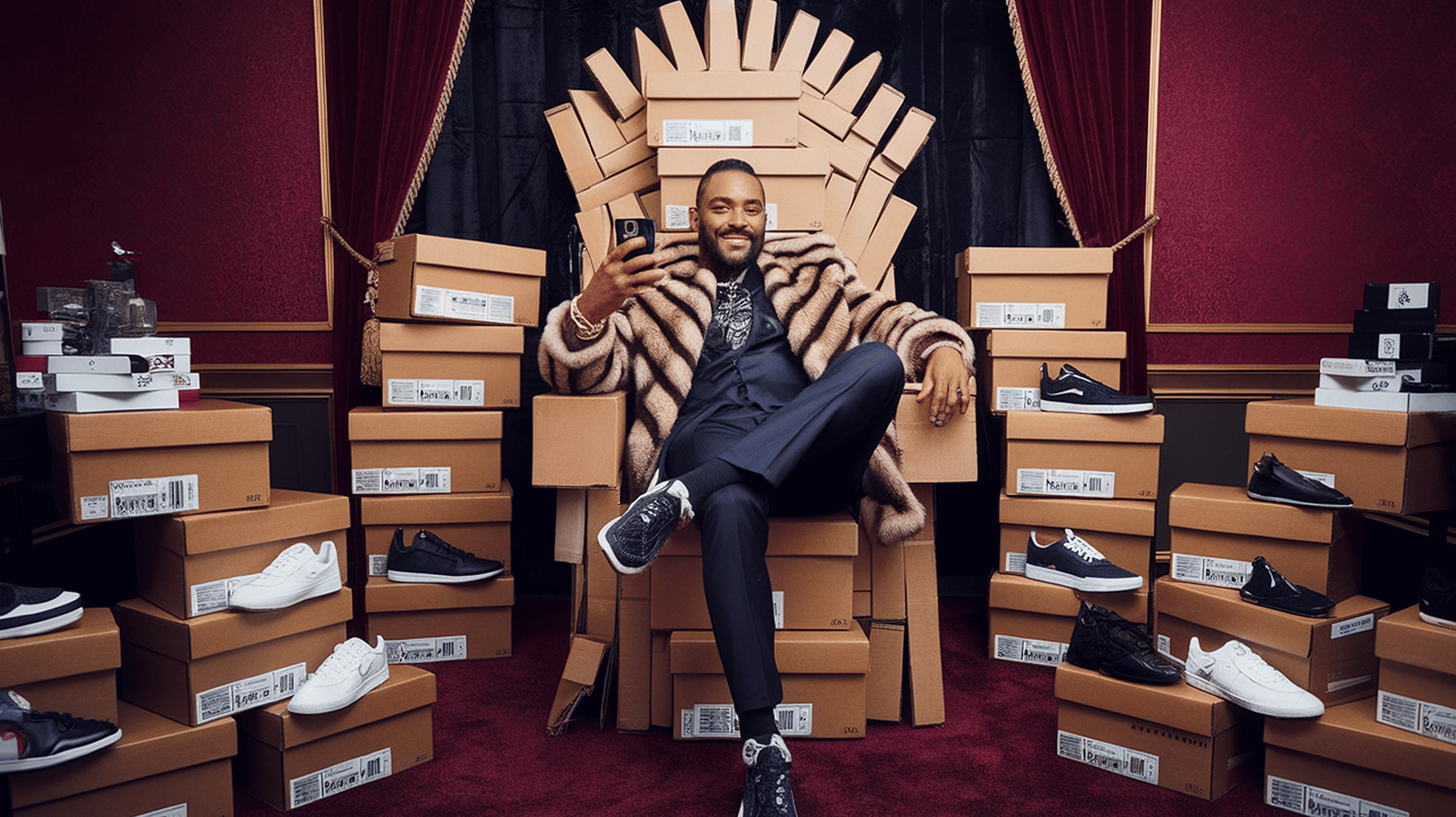 Person seated on shoe boxes throne