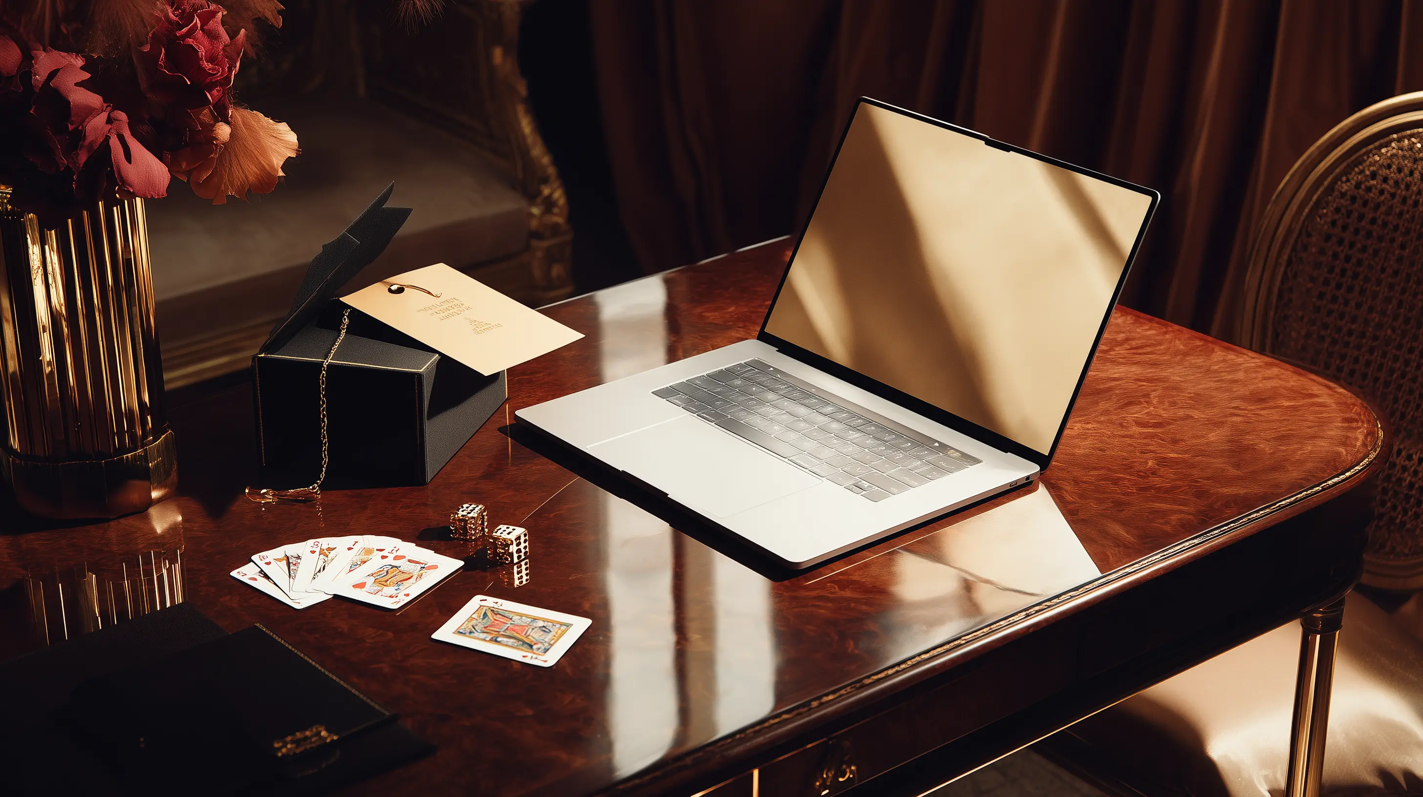 A desk with playing cards and a computer, representing the strategic gamble of funding inventory growth