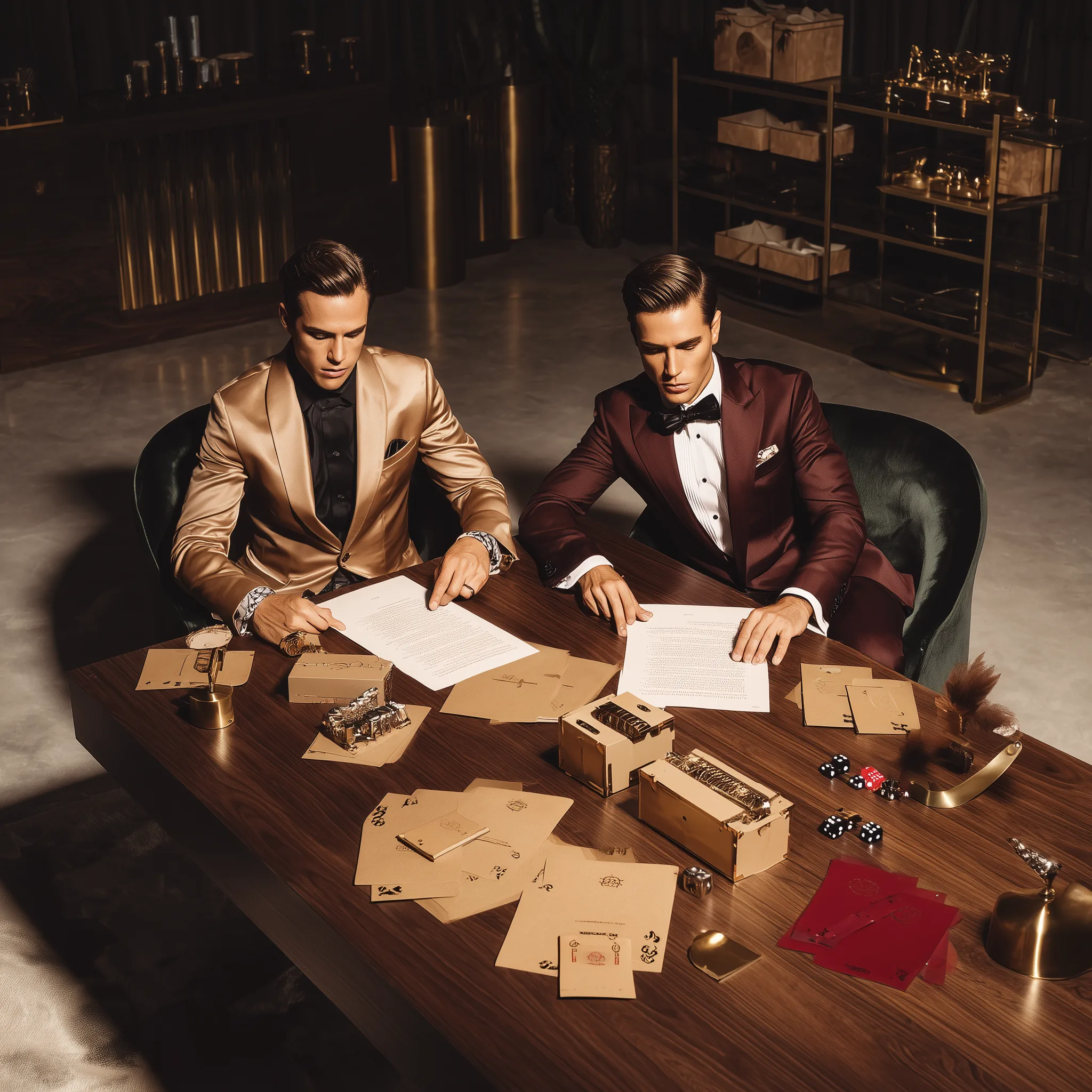 Two professionals in suits signing contracts at a luxury desk
