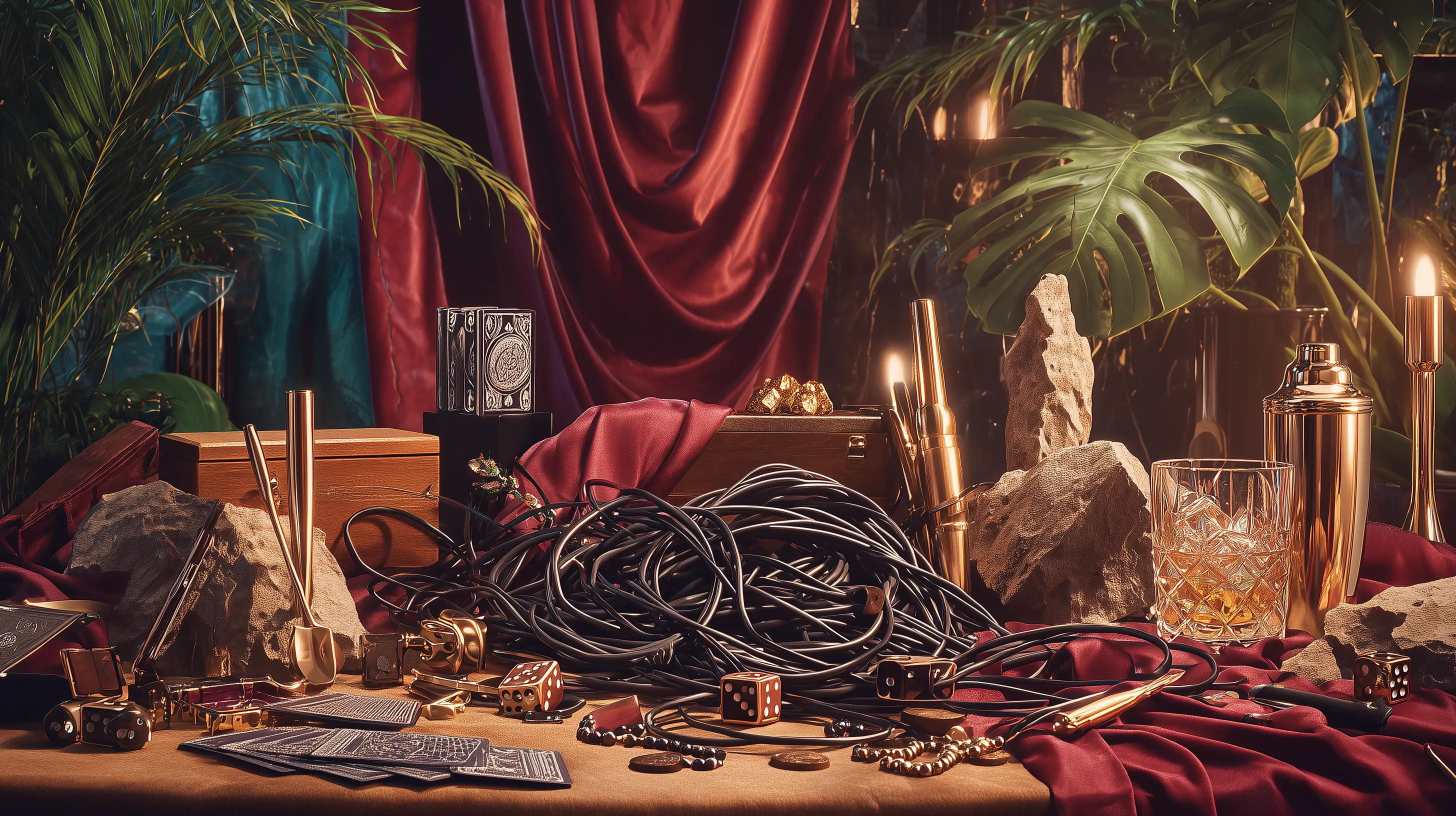 A tangle of cables and scattered cards on a dark surface, suggesting coded information waiting to be sorted