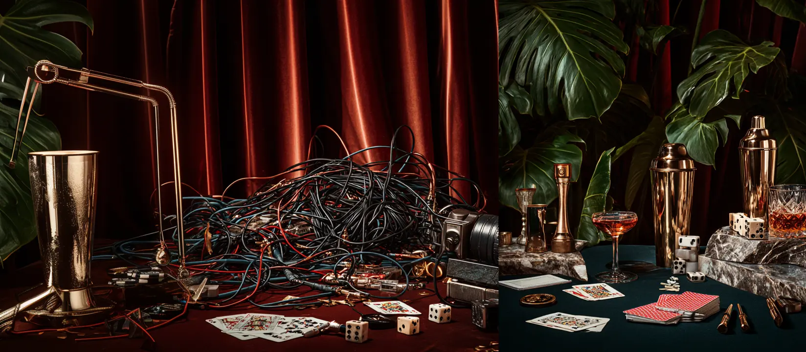 Tangled cables and cards in a moody split composition evoking system complexity