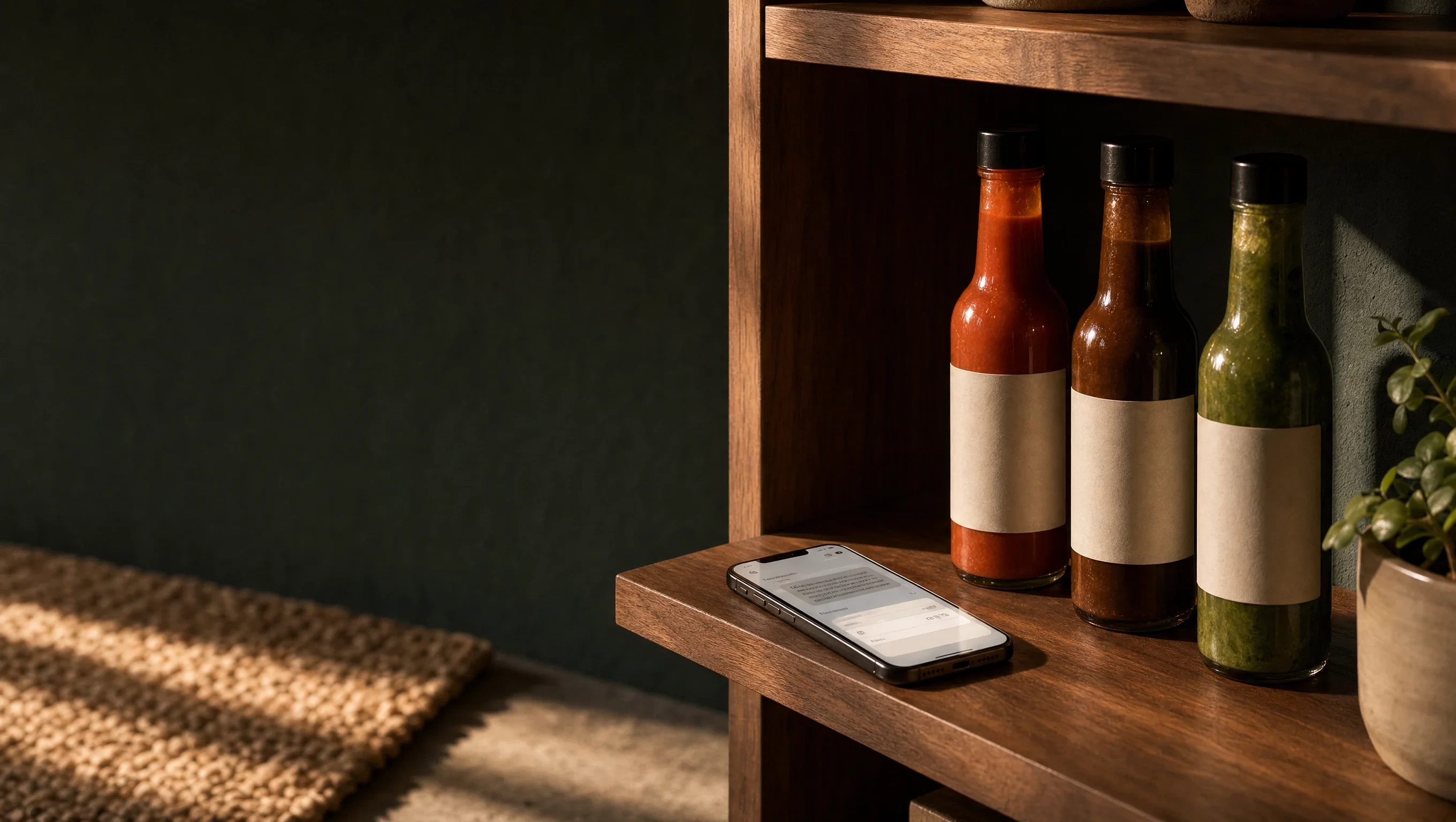 A phone showing an AI assistant chat on a walnut shelf beside three bottles of hot sauce