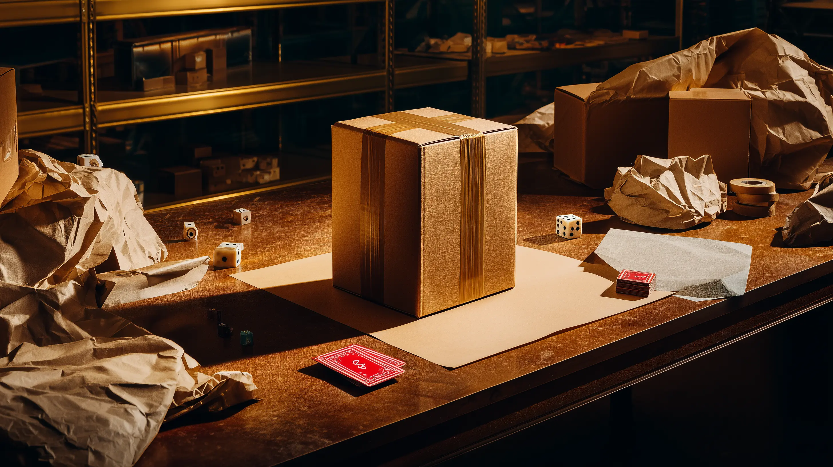 Warehouse fulfillment scene with shipping materials and playing cards on a packing station